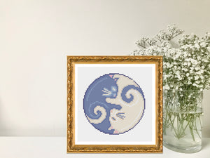 Cat Yin Yang Cross Stitch Pattern - cute cats in navy and cream forming yin yang symbol