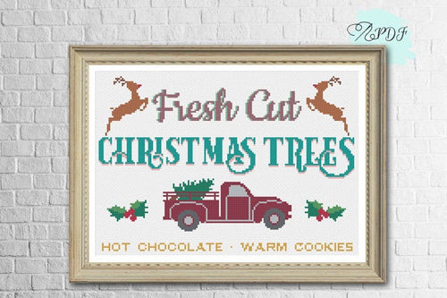 Vintage Christmas Cross Stitch Pattern - fresh cut christmas trees truck and reindeer farmhouse sign cross stitch pattern