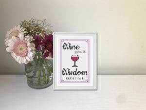Wine Cross Stitch Pattern - wine goes in wisdom comes out. Cross Stitch Pattern for wine lover - beginners pattern