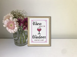 Wine Cross Stitch Pattern - wine goes in wisdom comes out. Cross Stitch Pattern for wine lover - beginners pattern