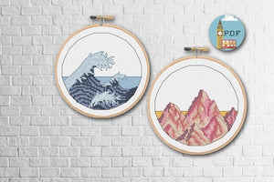 Nature Cross Stitch Pattern, Set of two mountain and ocean cross stitch patterns