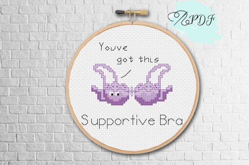 Support Bras Cross Stitch Pattern - funny bra cross stitch kit for beginners, pdf download, supportive bra in purple