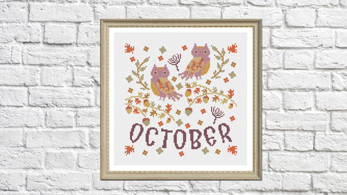 october cross stitch pattern. scandi owls cross stitch, autumn fall cross stitch