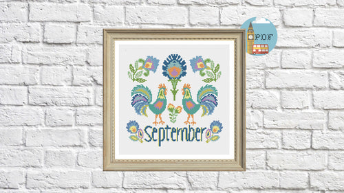 September Calendar Cross Stitch Pattern, Scandi Chickens Cross Stitch Pattern, Folk Art Chickens Cross Stitch Pattern